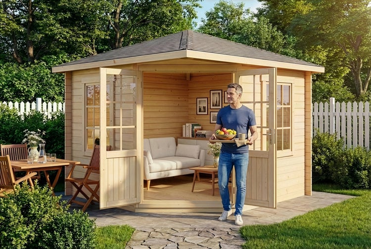 Modernes Eckgartenhaus aus hellem Holz mit Doppeltüren, Inneneinrichtung mit Sofa und Außensitzgruppe im hellen Garten.
