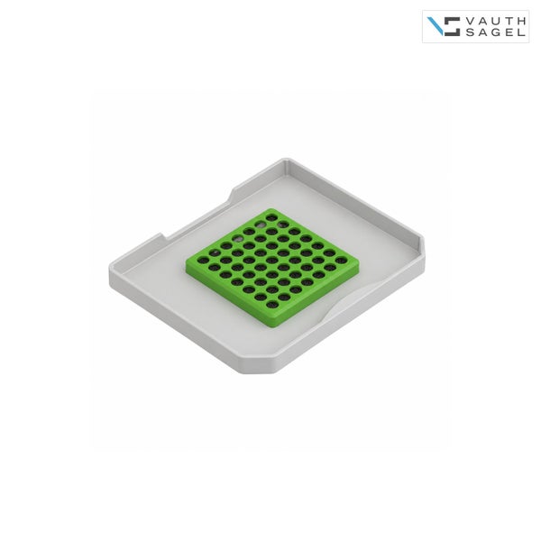 Vauth-Sagel Biofilter für Abfallsammler mit Kunststoffschale und grünem Einsatz. Vauth-Sagel Logo.