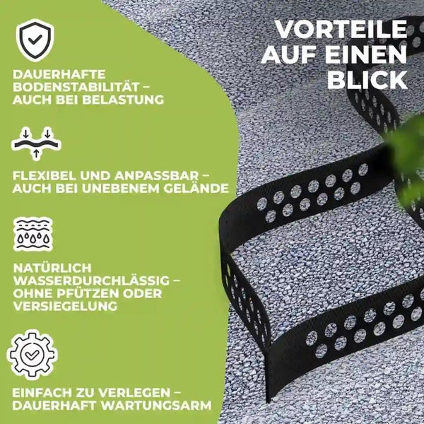 Vorteile der Kieswaben zur Bodenbefestigung: dauerhafte Stabilität, flexibel, wasserdurchlässig und einfach zu verlegen.