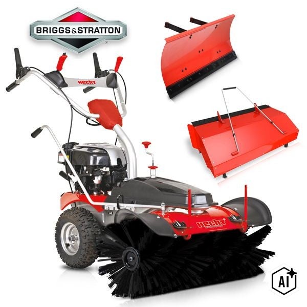 Hecht Kehrmaschine mit Briggs und Stratton Logo inklusive Schneeschild und Kehrgutbehälter