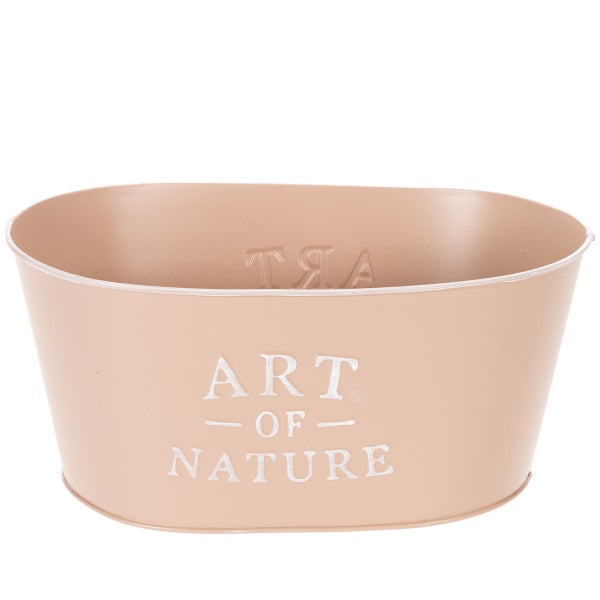 Ovaler Pflanztopf aus Metall in Beige mit der Prägung ART OF NATURE.