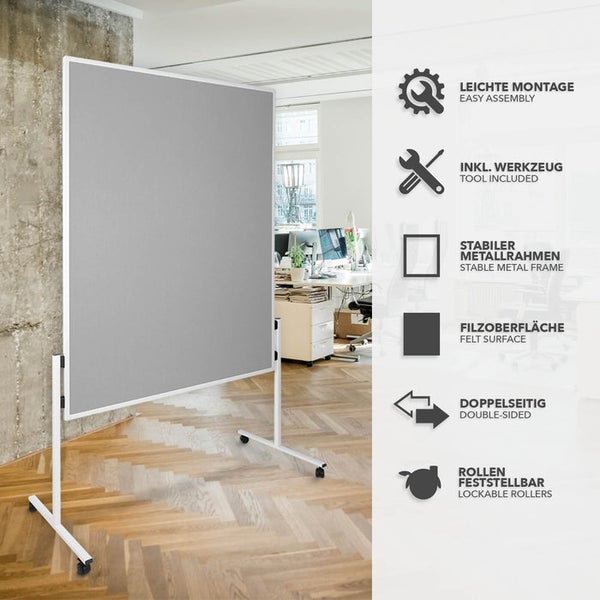 Mobile Trennwand im Büro, grauer Filz, weißer Metallrahmen. Einfache Montage, inklusive Werkzeug, doppelseitig, feststellbare Rollen.
