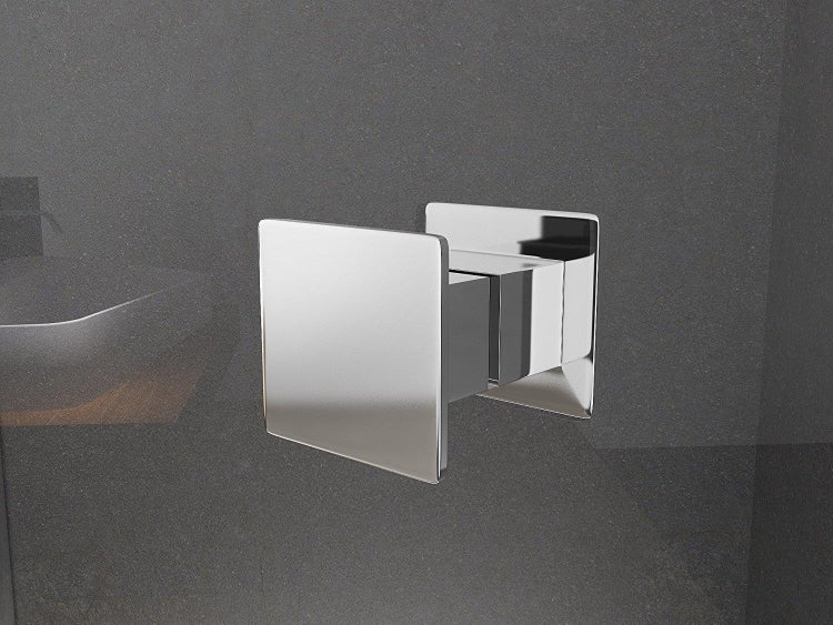 Quadratischer Wandhaken aus verchromtem Metall für das Badezimmer.