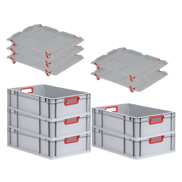 PROREGAL Spar Set 5x Eurobox Nextgen Color Mit Auflagedeckel & Schiebeschnappverschlüsse HxBxT 17 x 40 x 60 cm Griffe Rot Offen Glatter Boden