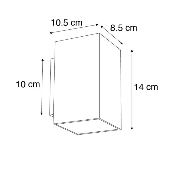 Technische Zeichnung einer Wandleuchte mit den Maßen 10,5 cm Breite, 8,5 cm Tiefe und 14 cm Höhe.