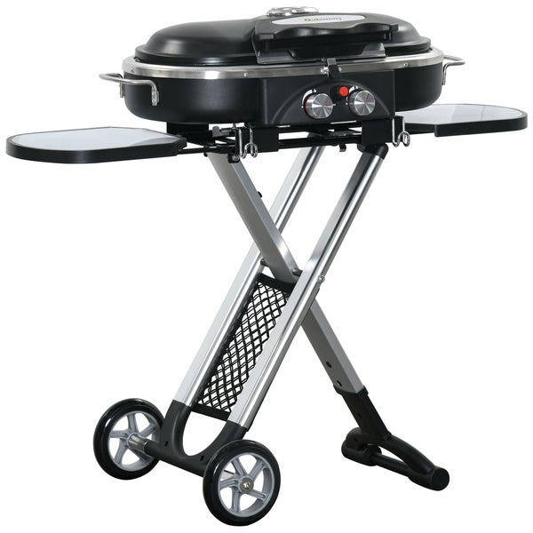 Outsunny Gasgrill, BBQ Grillwagen, Klappbar, mit 2 Brenner, 100 x 41,6 x 82,5 cm, Edelstahl, Schwarz+Silber