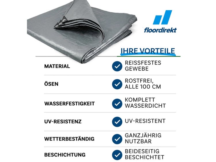 FLOORDIREKT Abdeckplane - Wasserdichte Plane - mit Ösen - Schutzplane - 240 g/m² - 6 x 10 m - Silber
