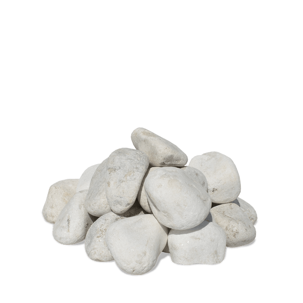 Weiße, abgerundete Ziersteine für Garten und Beetumrandungen.