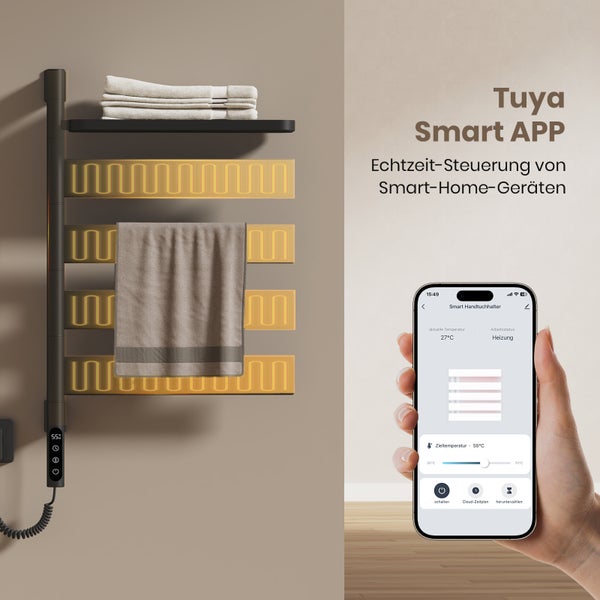 Smarter elektrischer Badheizkörper mit Ablage, Display und App-Steuerung zur Temperatureinstellung in Grad Celsius.