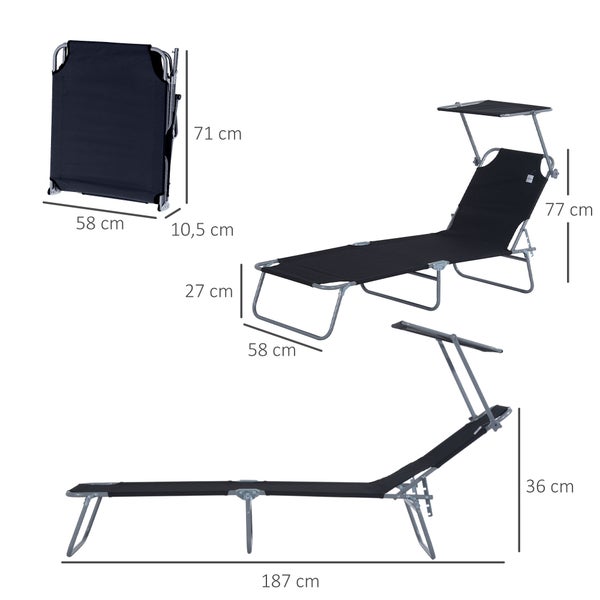 Outsunny Sonnenliege, klappbar, mit Sonnenschutz, 187 x 58 x 36 cm, Metall, Oxford-Gewebe, Schwarz