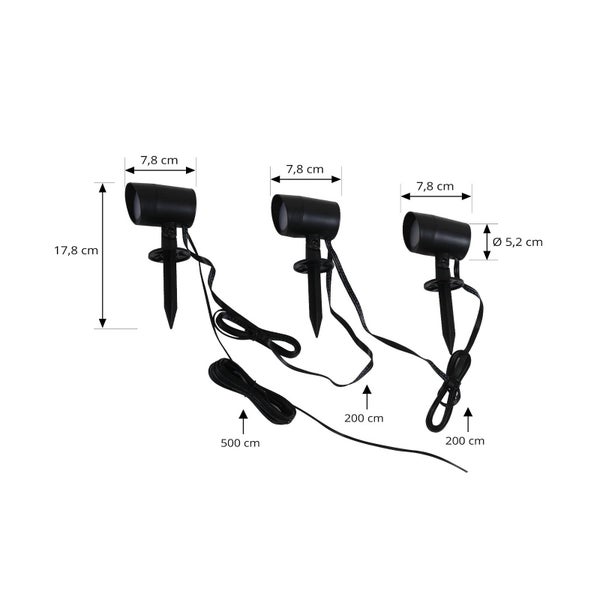 Gartenstrahler-Set mit Erdspieß: Höhe 17,8 Zentimeter, Kopf 7,8 Zentimeter, Durchmesser 5,2 Zentimeter, Kabel 200 und 500 Zentimeter.