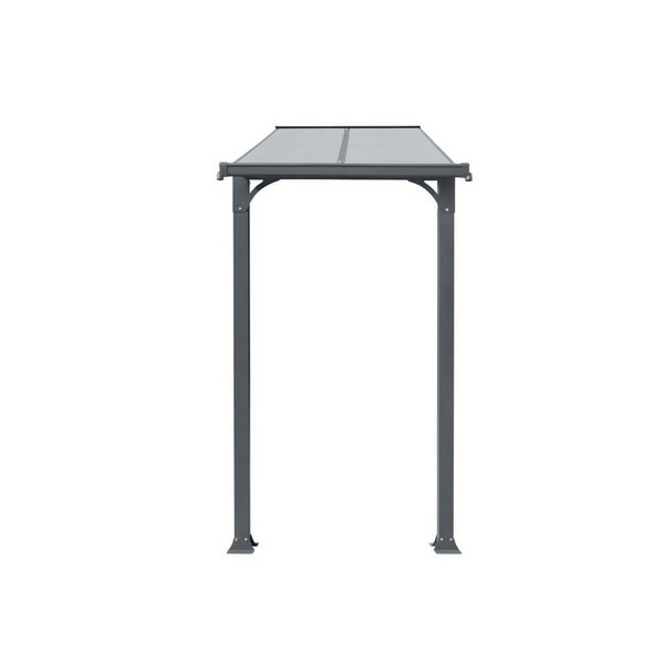 Freistehende Terrassenüberdachung mit festem Dachgestell und zwei stabilen Pfosten.