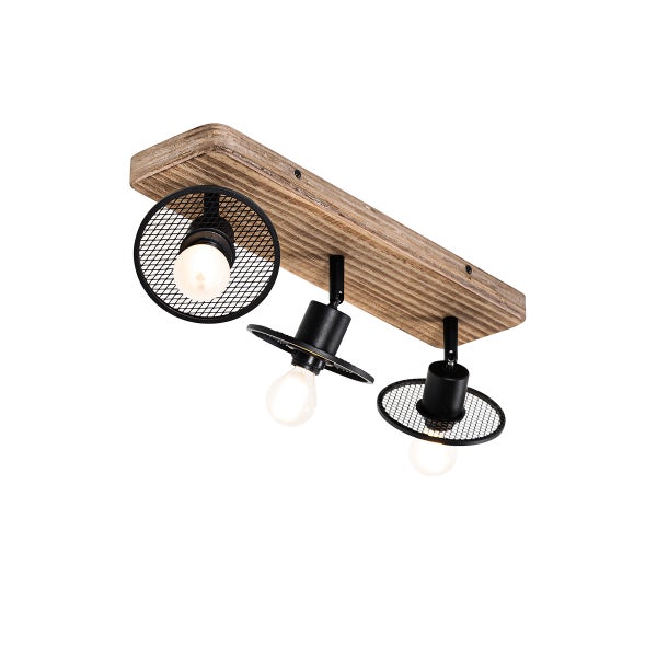 Deckenleuchte mit drei Lampen aus Holz und Metall