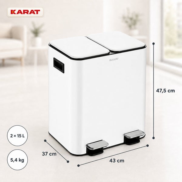 Karat Abfalltrenner mit zwei Pedalen und 30 Liter Gesamtvolumen, Maße 43 mal 37 mal 47,5 Zentimeter, Gewicht 5,4 Kilogramm.