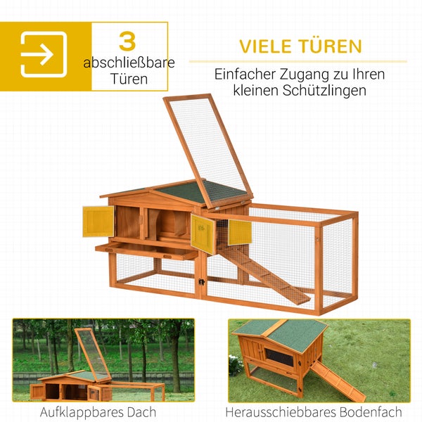 PawHut Hasenstall Kaninchenstall mit Freilaufgehege Bodenwanne, Rampe, Kleintierstall aus Holz Meerschweinchen Gehege mit 2 Etagen, Sichtfenster, für Zwergkaninchen 156x58x68 cm, Orange