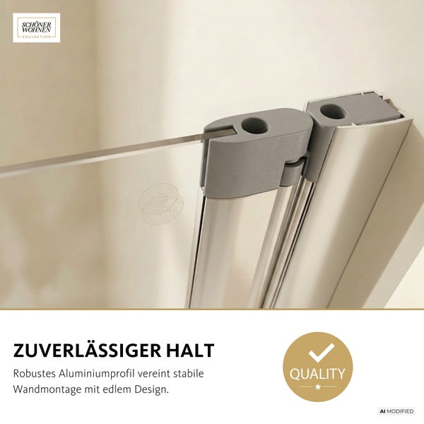 Detailansicht eines stabilen Aluminiumprofils für Duschwände von Schöner Wohnen Kollektion mit hochwertiger Wandmontagevorrichtung.