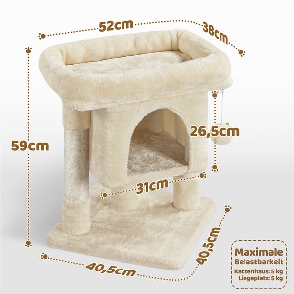 Beige Kratzbaum mit Maßen und Gewichtsangaben für Katzen