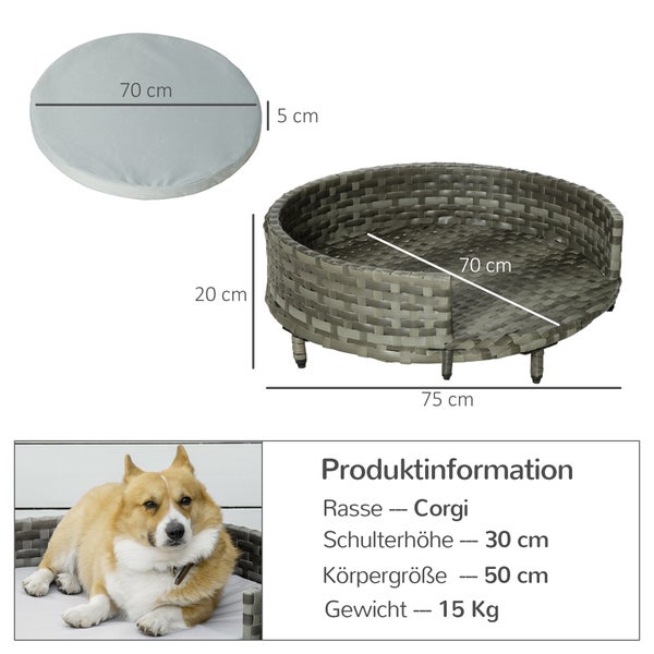 PawHut Hundesofa, 75L x 75B x 20H cm, Stahl, Oxfordstoff, PE-Rattan, Schaumstoff, Grau