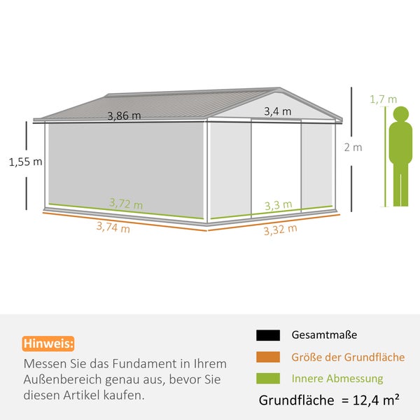 Outsunny Gerätehaus 12,4 m², Gartenhaus mit Pultdach, Schiebetür, Fundament, 386 x 340 x 200 cm, Geräteschuppen aus Verzinkter Stahl, wetterfest, für Garten, Braun