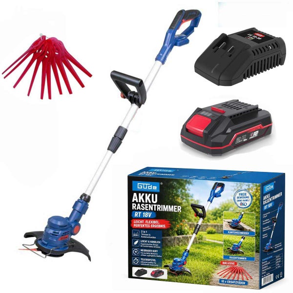 Güde Akku-Rasentrimmer RT 18 Volt Set inklusive Akku, Ladegerät, zehn Ersatzmessern und Originalverpackung.