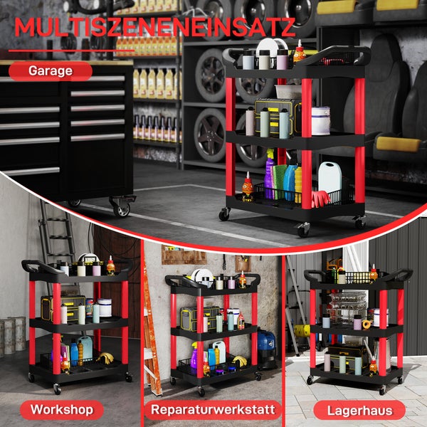 Mobiler Etagenwagen mit drei Ablagen in einer Garage, Werkstatt, Reparaturwerkstatt und einem Lagerhaus für organisierte Aufbewahrung von Werkzeug