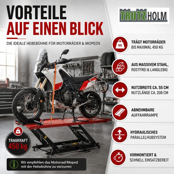 Trutzholm Motorradhebebühne aus Stahl in einer hellen, organisierten Werkstatt mit 450 Kilogramm Tragkraft, hydraulischem System und Trutzholm Logo.