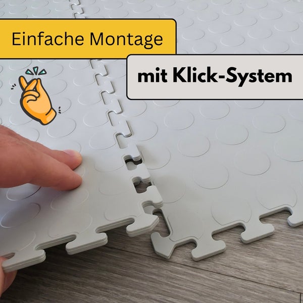 Bodenfliesen mit Noppenstruktur und Klicksystem für eine einfache Montage.