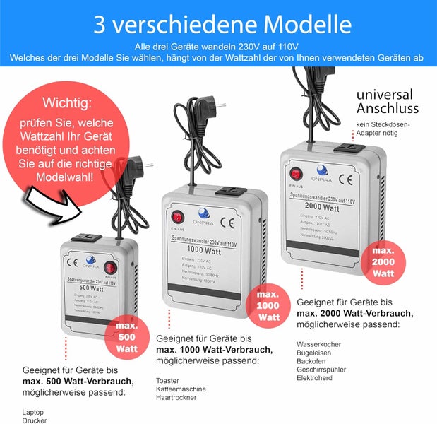Drei ONPIRA Spannungswandler von 230 Volt auf 110 Volt mit 500 Watt, 1000 Watt und 2000 Watt Leistung sowie Universalanschluss.