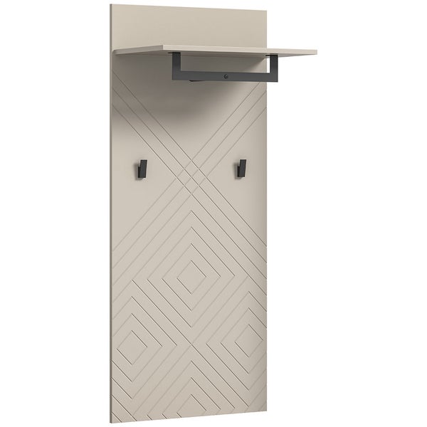 Wandgarderobe mit Hutablage, Kleiderstange und zwei Haken, beige mit geometrischem Muster.