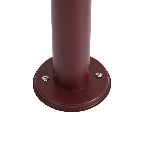 Basis eines runden Metallpfostens in weinrot mit zwei Befestigungsschrauben.
