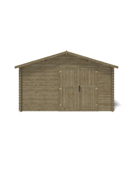 Gartenhaus aus Holz mit Satteldach und Doppeltür in Blockbohlenbauweise.
