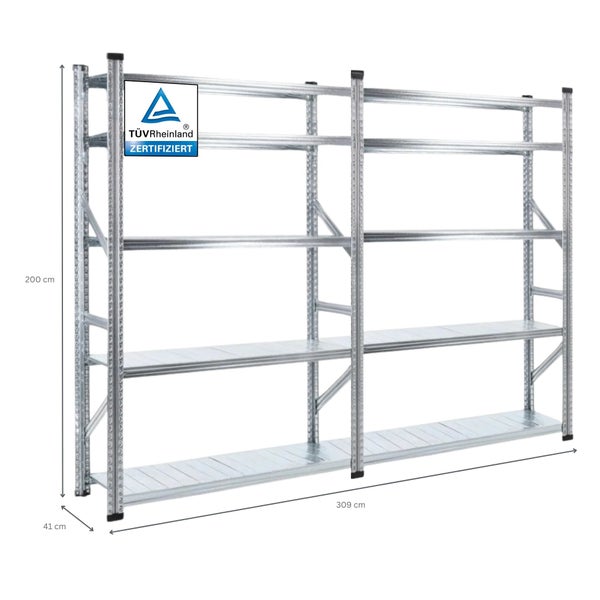 PROREGAL Fachbodenregal Stecksystem Proximo Komplettregal HxBxT 200 x 300 x 40 cm 5 Ebenen Fachlast 130 kg Beidseitig Nutzbar Verzinkt