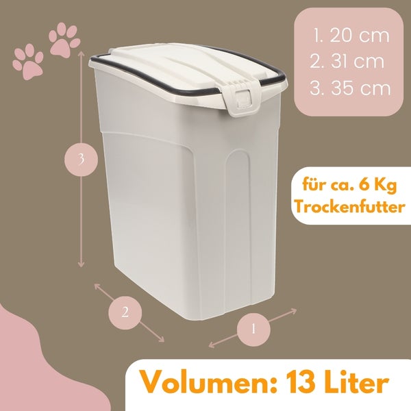 Kunststoffbehälter für circa 6 Kilogramm Trockenfutter, 13 Liter Volumen. Maße: 20 mal 31 mal 35 Zentimeter.
