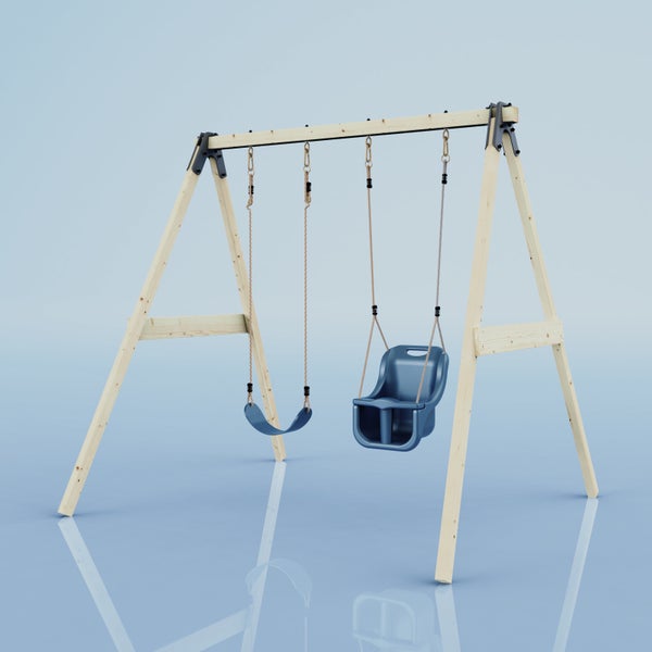 Schaukelgestell aus Holz mit einer blauen Brettschaukel und einem blauen Babysitz für den Garten.