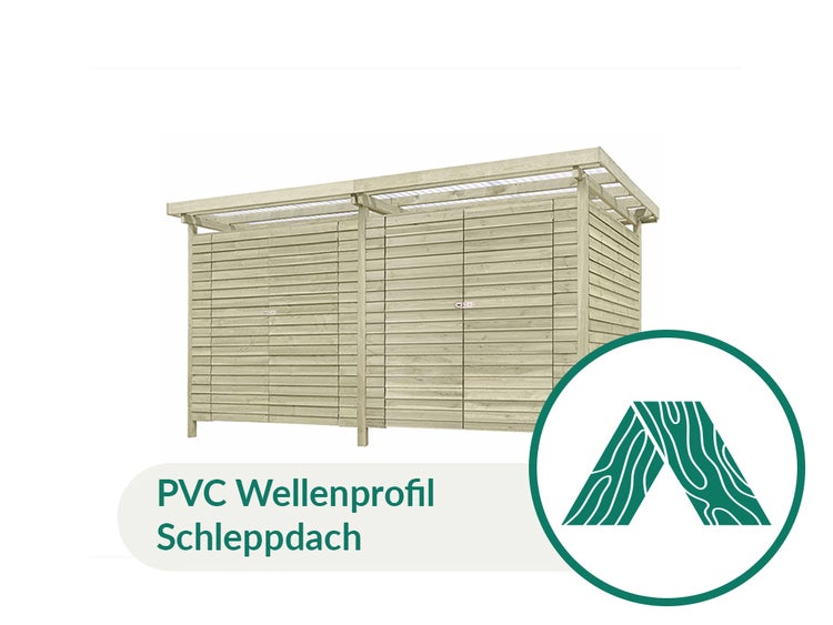 Holzunterstand mit Türen und einem Schleppdach aus PVC Wellenprofilen.