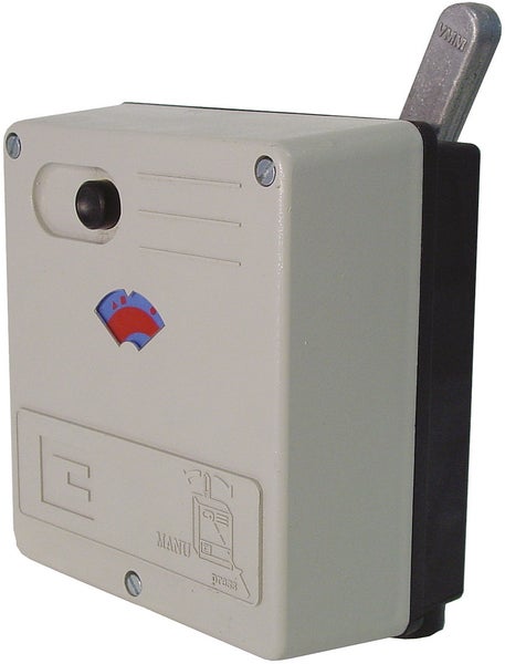 Motorschutzschalter mit manuellem Hebel, Druckknopf und Anzeige.