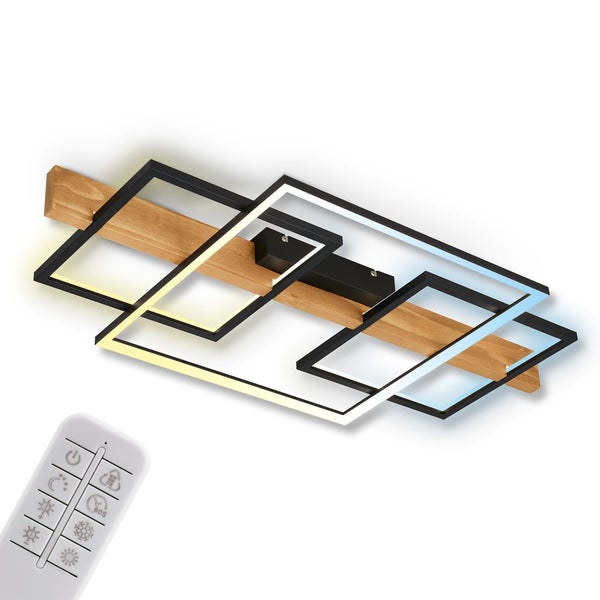 Briloner Cadre LED Deckenlampe, Indirektes Licht, Dimmbar, Speicherfunktion, Fernbedienung, Schwarz-Holz, 75 x 40 x 8 cm