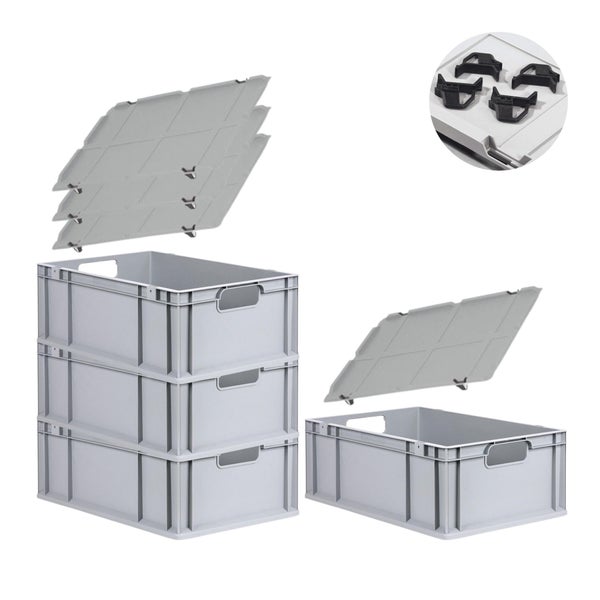 PROREGAL Spar Set 4x Eurobox Nextgen Economy Mit Auflagedeckel & 4x Schiebeschnappverschlüsse Schwarz Griffe Offen HxBxT 22 x 40 x 60 cm 44 Liter