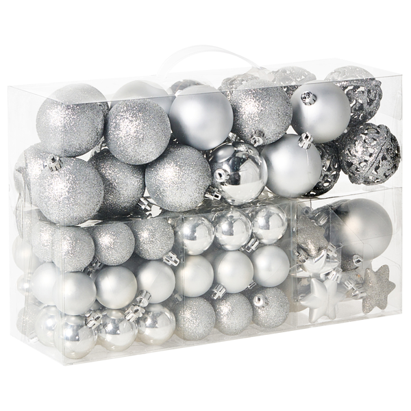 Set mit Weihnachtsbaumschmuck in Silber, Christbaumkugeln und Sterne in glitzernder, matter und glänzender Optik in transparenter Box.