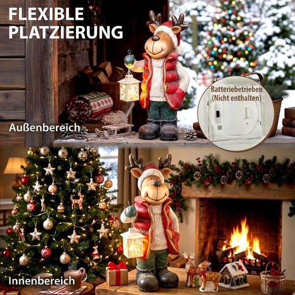 Dekorative Rentierfigur mit Laterne für Innen und Außen, batteriebetrieben, ideal als Weihnachtsdekoration für Haus und Garten.