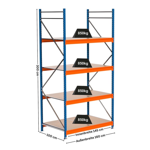 Hochregal mit vier Ebenen und Maßangaben