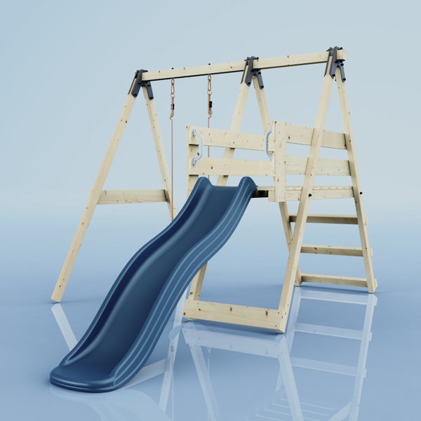 Offener Gartenpavillon aus Holz mit dunklem Schindeldach, eingerichtet mit Sitzgruppe auf einer Steinterrasse inmitten eines Gartens.