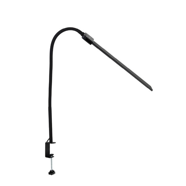 Schwarze LED-Klemmleuchte für den Schreibtisch mit flexiblem Arm und schmalem Leuchtkopf.