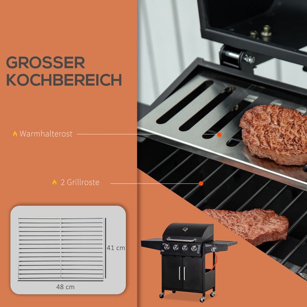 Outsunny Gasgrill, mobiler Grillwagen, BBQ mit 3 Brennern je 3 kw, 132,4 x 55 x 109cm, Stahl, Schwarz