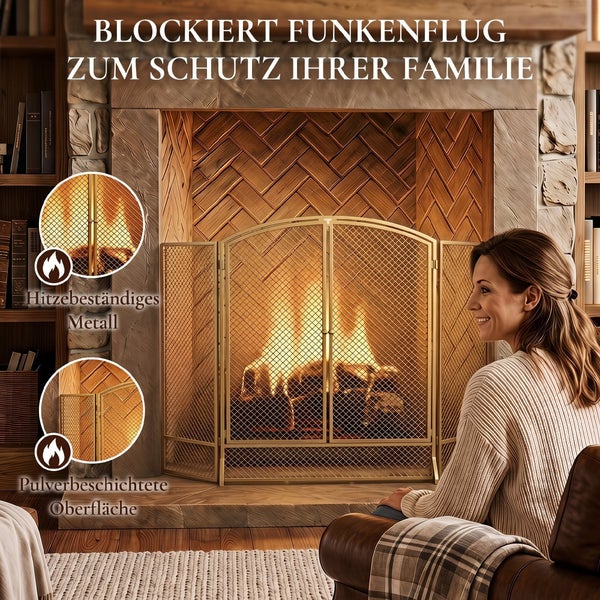 Dreiteiliger Funkenschutz aus hitzebeständigem Metall mit pulverbesichteter Oberfläche vor einem Kamin in einem Wohnzimmer.