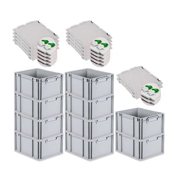 PROREGAL Spar Set 10x Eurobox Nextgen Economy Mit Scharnierdeckel & Grünen Schiebeschnappverschlüssen Griffe Geschlossen HxBxT 22 x 30 x 40 cm