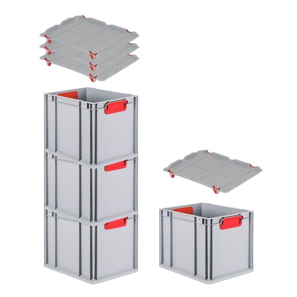 PROREGAL Spar Set 4x Eurobox Nextgen Color Mit Auflagedeckel & Schiebeschnappverschlüsse HxBxT 32 x 30 x 40 cm Griffe Rot Geschlossen Glatter Boden