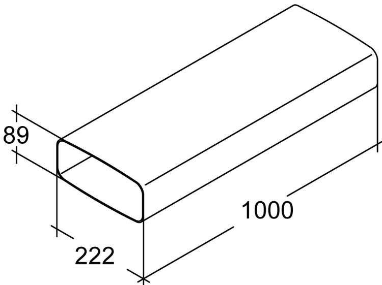 Technische Zeichnung eines Flachkanals mit den Maßen 222 mal 89 Millimeter und einer Länge von 1000 Millimeter für Lüftungssysteme