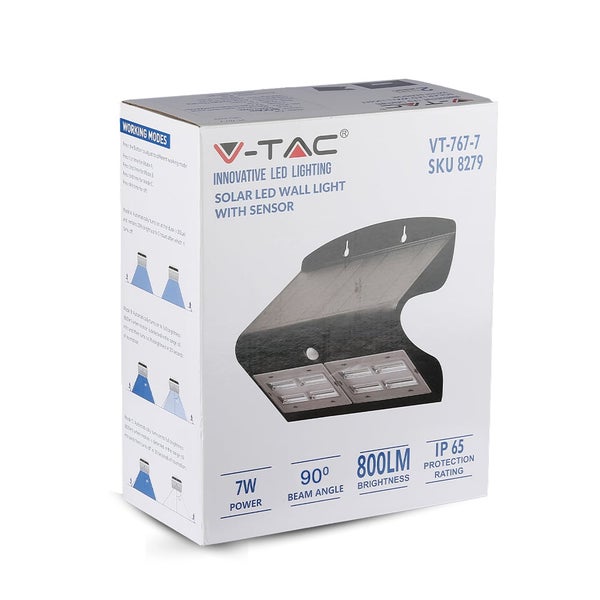 Verpackung einer V-TAC Solar LED Wandleuchte mit Sensor, 7 Watt Leistung, 90 Grad Abstrahlwinkel und 800 Lumen Helligkeit