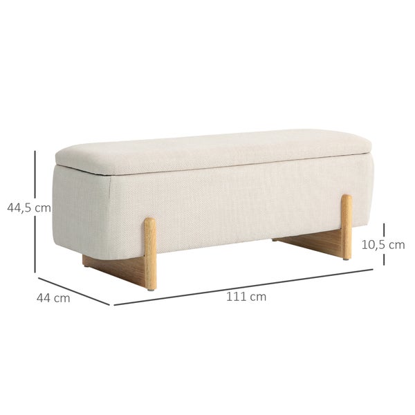 HOMCOM Sitzbank mit Stauraum, Polsterbank mit Leinenoptik, Holzbeine, Bettbank mit Sicherheitsscharniere für Wohnzimmer, Schlafzimmer, Flur, 111 x 44 x 44,5 cm, Creme